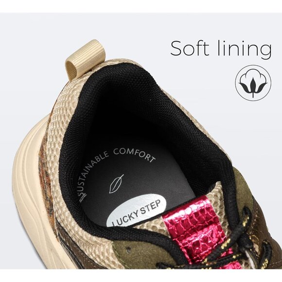 Brand New Women Khaki/Beige Polyurethane LUCKY STEP Leopard Chunky Sneakers - Picture 4 of 9